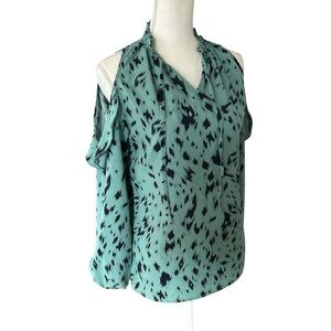 CAbi Cold Shoulder Teal and Navy Patterned Women's Top Size Small
